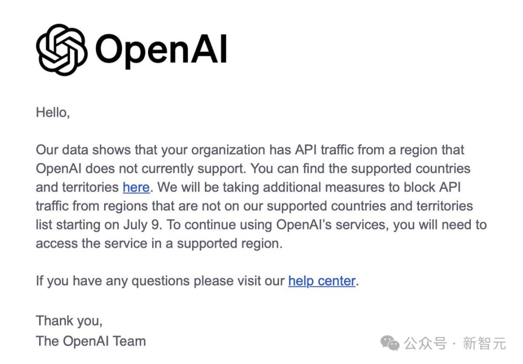 大量开发者收到OpenAI警告,7月9日起封杀不支持地区API