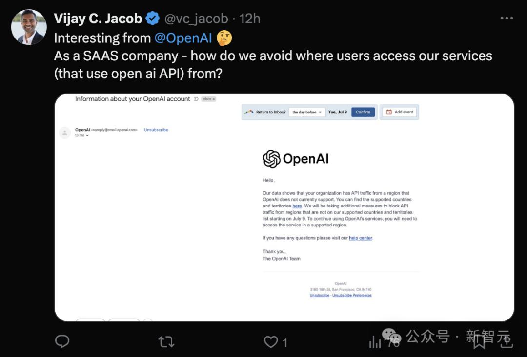 大量开发者收到OpenAI警告,7月9日起封杀不支持地区API